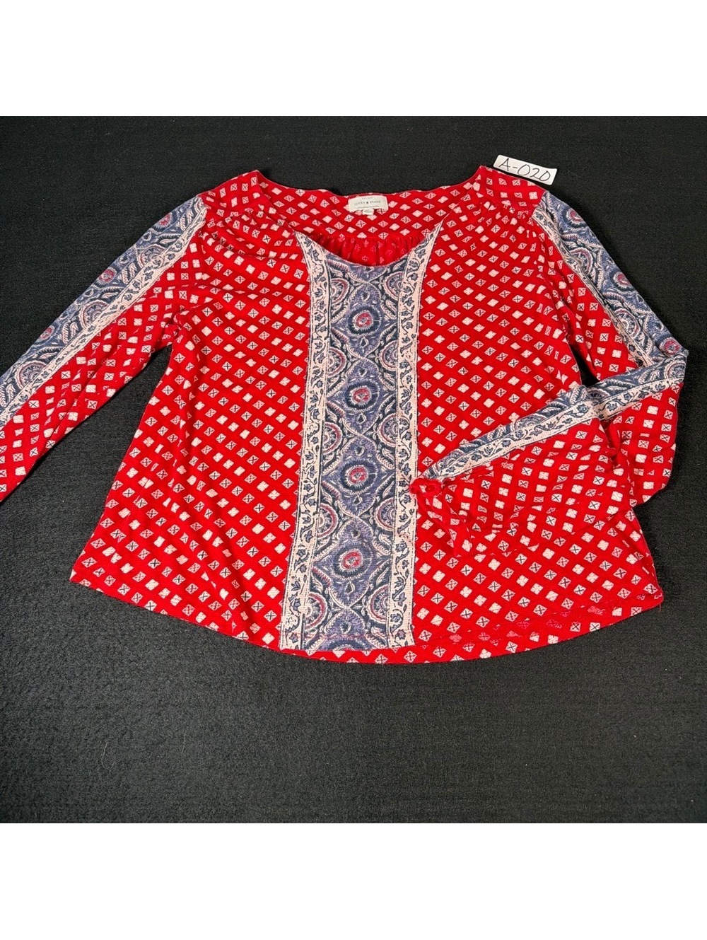 Lucky Brand Women M Red Paisley Boho Peasant Blouse Long Sleeve Fall 2019